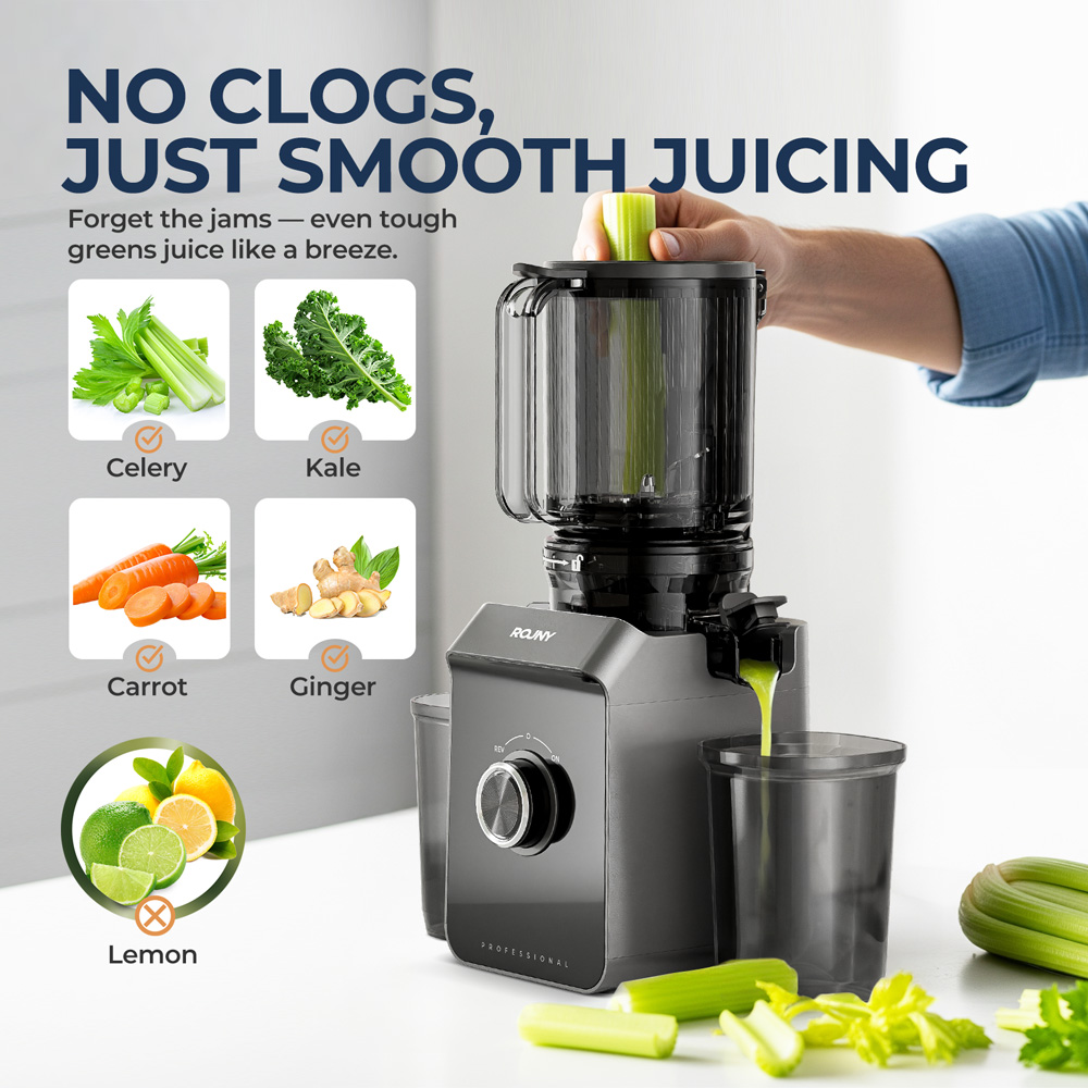 Electric Slow Juicer Cold Press - เครื่องสกัดน้ำผลไม้แบบเย็น ROUNY พร้อมระบบกรองอัตโนมัติ ทำความสะอาดง่าย ใช้ไฟฟ้า ขนาดช่องใส่ผลไม้ขนาดใหญ่